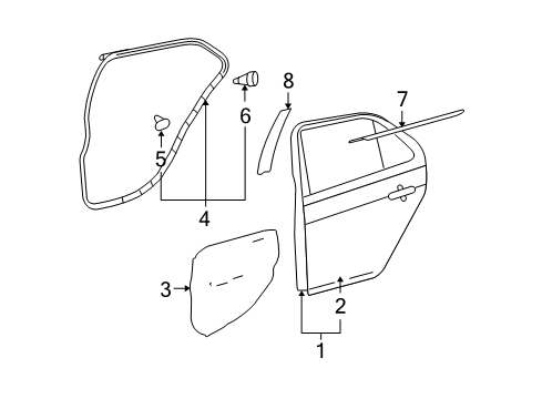 2008 Toyota Yaris Rear Door & Components, Exterior Trim Diagram