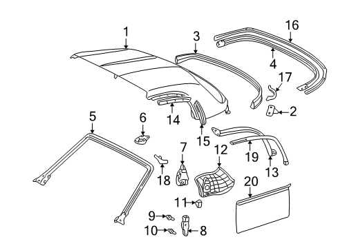 2002 Toyota MR2 Spyder Retainer, Removable Roof Weatherstrip, Front RH Diagram for 62365-17030