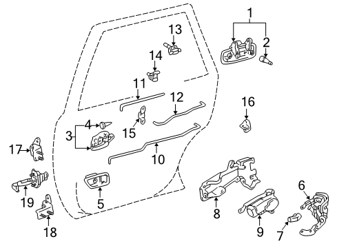 1998 Toyota Camry Rear Door - Lock & Hardware Diagram