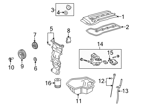 2010 Scion xB Engine Parts, Mounts, Cylinder Head & Valves, Camshaft & Timing, Oil Pan, Oil Pump, Balance Shafts, Crankshaft & Bearings, Pistons, Rings & Bearings Diagram