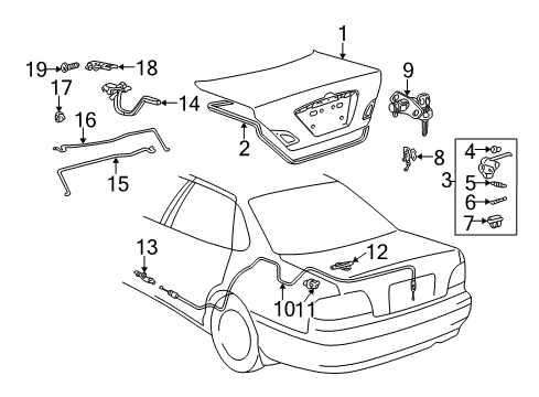 2000 Toyota Avalon Luggage Compartment Door Lock Assembly Diagram for 64610-AC030