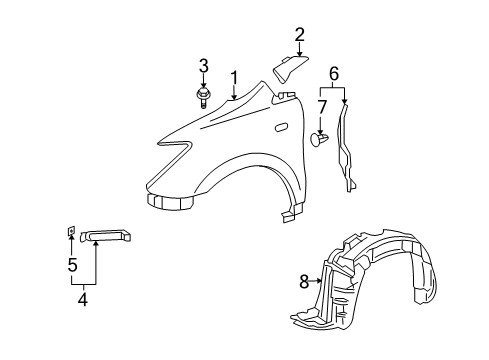 2005 Scion xA Protector, Front Fender Side Panel, LH Diagram for 53828-52070