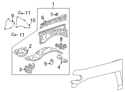 2011 Toyota FJ Cruiser Reinforcement, Front Fender Apron, Front LH Diagram for 53744-35030