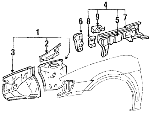 1992 Toyota Tercel Inner Structure & Rails - Fender Diagram