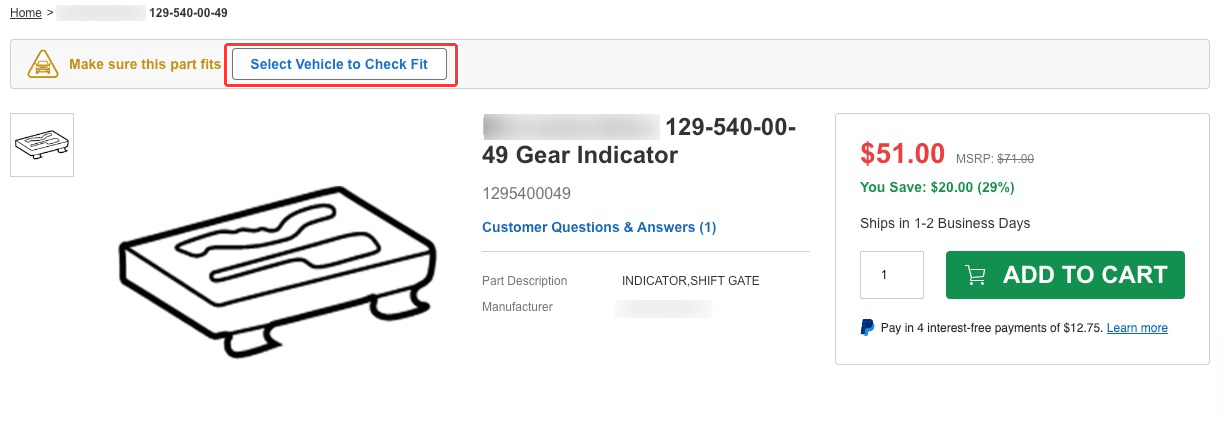 How do I verify if the part number selected will fit my vehicle?